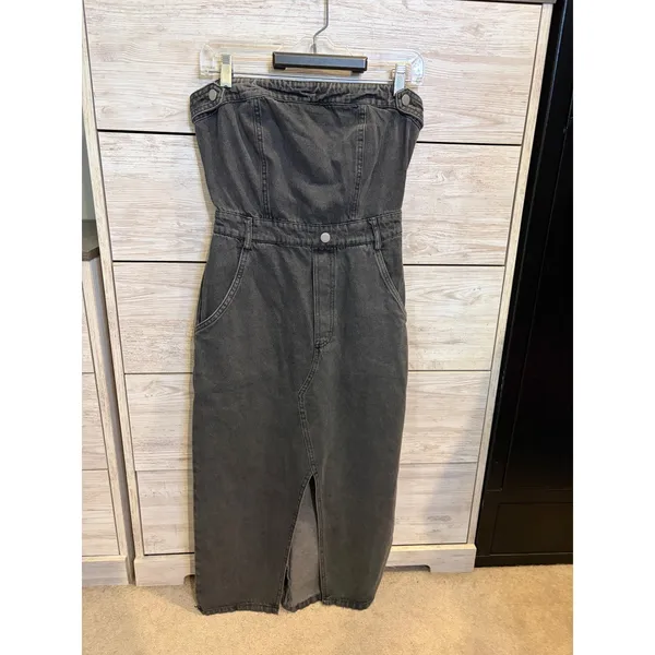 Blue Blush Strapless Denim Midi Dress Washed Black Front Slit Tube Top XS - Image 5