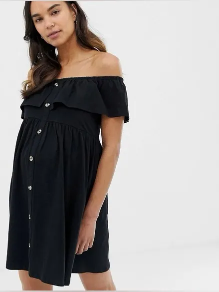 NWOT ASOS Black Off Shoulder Ruffle Button Front Mini Dress Size 4 - Image 2