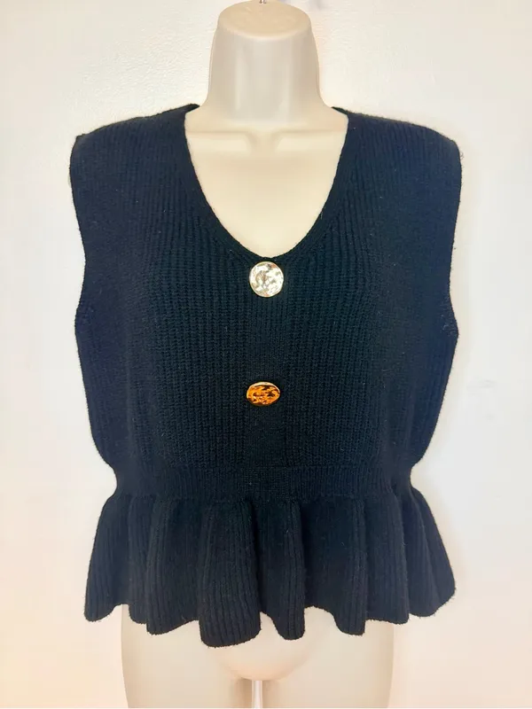 Commence Black Ribbed Knit Peplum Vest Top Size M Gold Buttons Sleeveless - Image 3