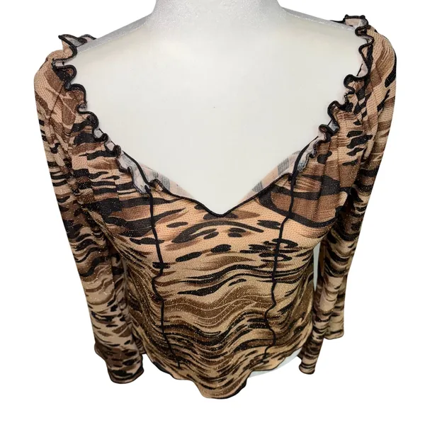 Y2K Jostar Brown Gold Animal Print Glitter V-Neck Bell‎ Sleeve Top USA Made M/L - Image 5