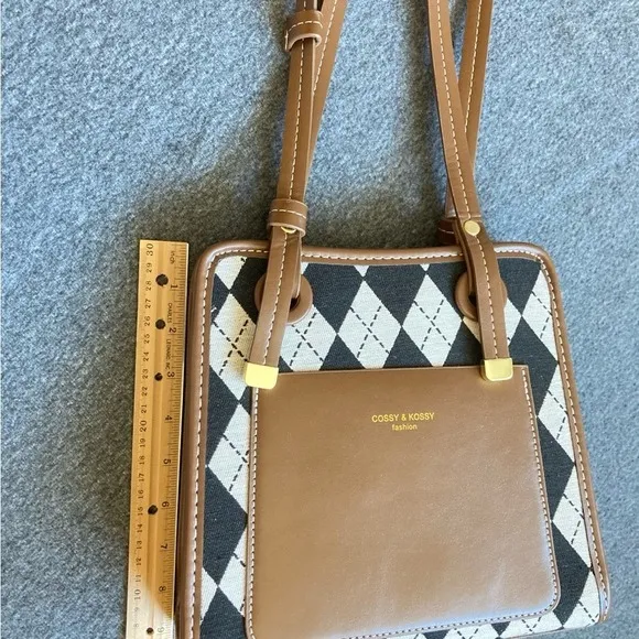 classic Argyle Shoulder Bag Brown PU Leather shoulder bag – Preppy‎ Retro Style - Image 2