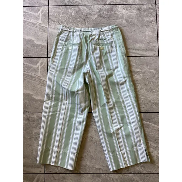 Lauren Ralph Lauren Green Striped Wide Leg Crop Pants 2P Drawstring Cotton - Image 6