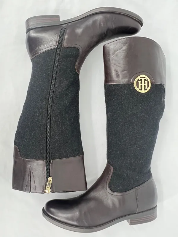 Tommy Hilfiger Madelen 2 Brown Leather Charcoal Wool Gold Logo Riding Boots 9.5 - Image 4