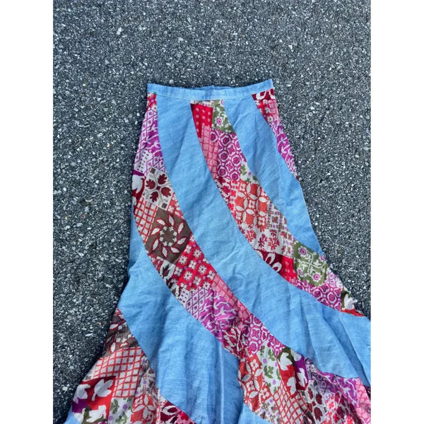 70s Vintage Spiral Patchwork Maxi Skirt Blue Denim Boho Floral Red Pink 23 Waist - Image 2