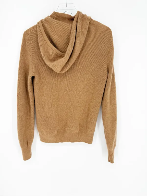 Theory Ribbed Mock Neck Hooded Wool Blend‎ Sweater Women's S Tan Quiet Luxury - Image 4