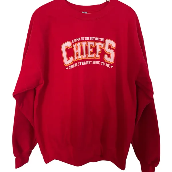 Gildan Taylor Swift Karma Is the Guy On the Chiefs Crewneck Sweatshirt - Image 2