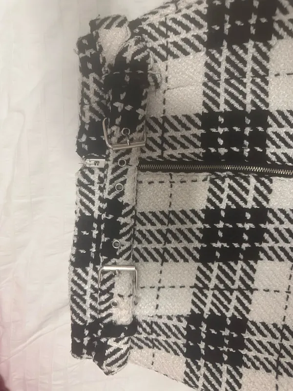 Suggested Title: Zara Basic Tweed Plaid High Waisted Mini Skirt with Belt - Size [S ) - Image 5