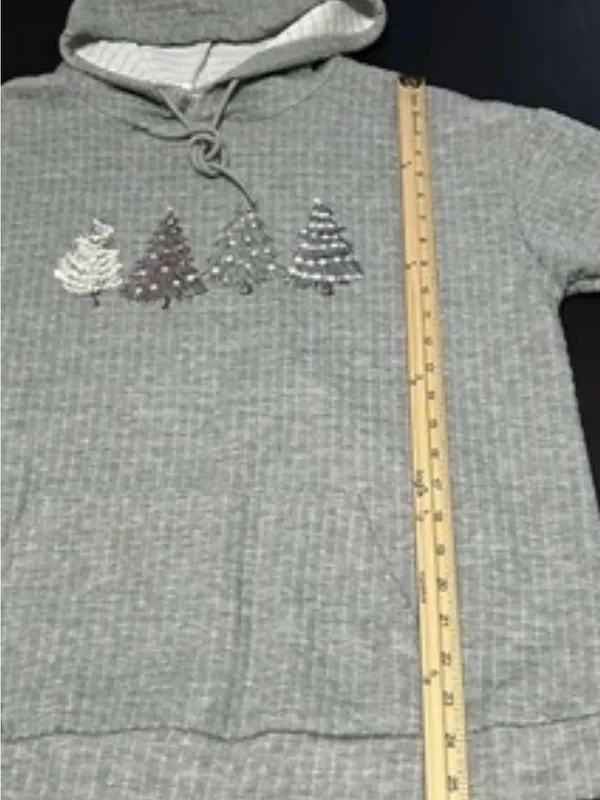 Women's XL Grey Quilted Waffle Christmas Tree Hoodie Holiday Pullover Sweatshirt - Image 4