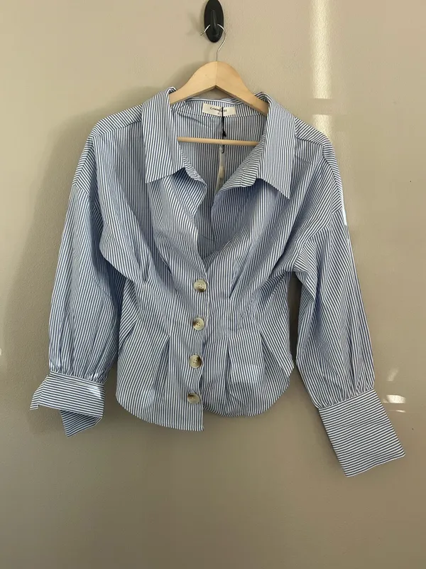 Commense Blue and White Striped Collared Shirt with Waist-Cinching Design Small NWT - Image 4
