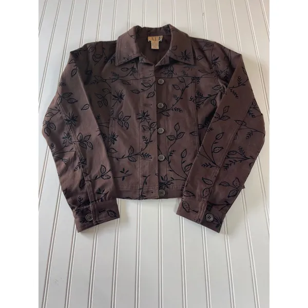 AT Vintage Denim Brown Floral Flocked Velvet Print Trucker Jacket Womens XS - Image 2