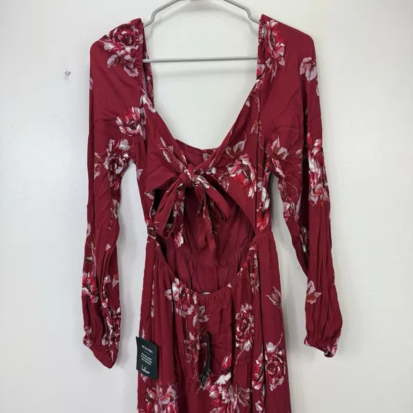 NWT‎ Lulus Total Perfection Burgundy Floral Print Tie-Back Midi Dress SMALL - Image 9