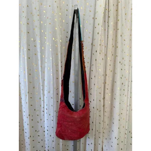 100% Cotton Mineral Wash Dye Geometric Embroidered Patchwork Crossbody Bag - Image 4