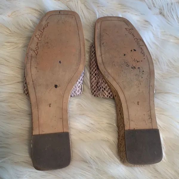 SAM EDELMAN Beige Snakeskin Valery Square Toe Wedge Slip On Slides Sandals 8 M - Image 4