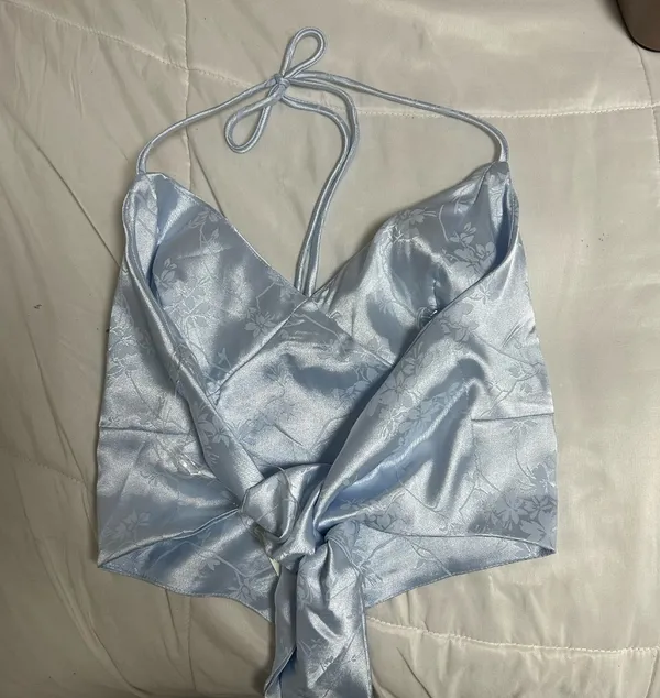 Windsor Baby Blue Halter Tie Back Floral Satin Top - Image 2