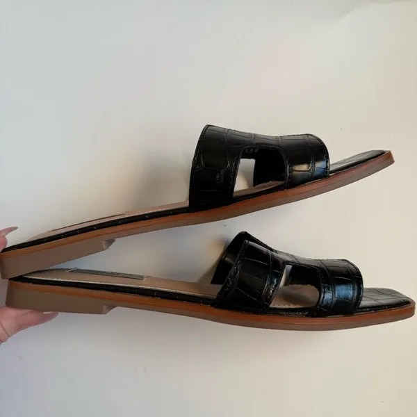 Steve Madden Haydn Hanna Leather Flat Slide Sandals Black Croc Slip On Size 7.5 - Image 3