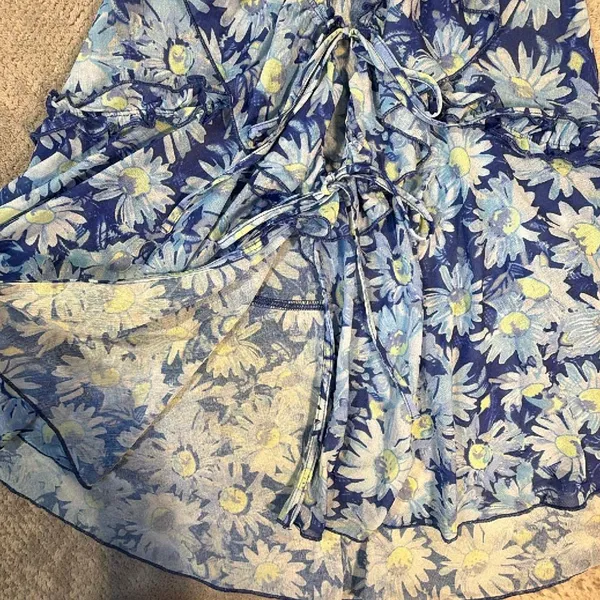 Free People Fearless Tank Blouse Blue Floral Ruffle Tie Front Sheer Peplum Med # - Image 6