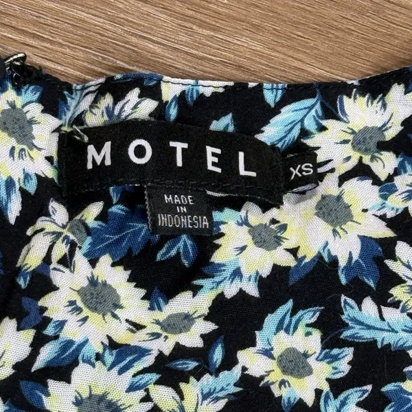 Motel Floral Mini Dress Womens XS Blue Black Puff Sleeve Ruched Cottagecore EUC - Image 3