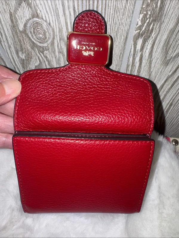 Coach Pepper Pebbled Leather Compact Wallet in Deep Red with Gold Hardware - Image 4