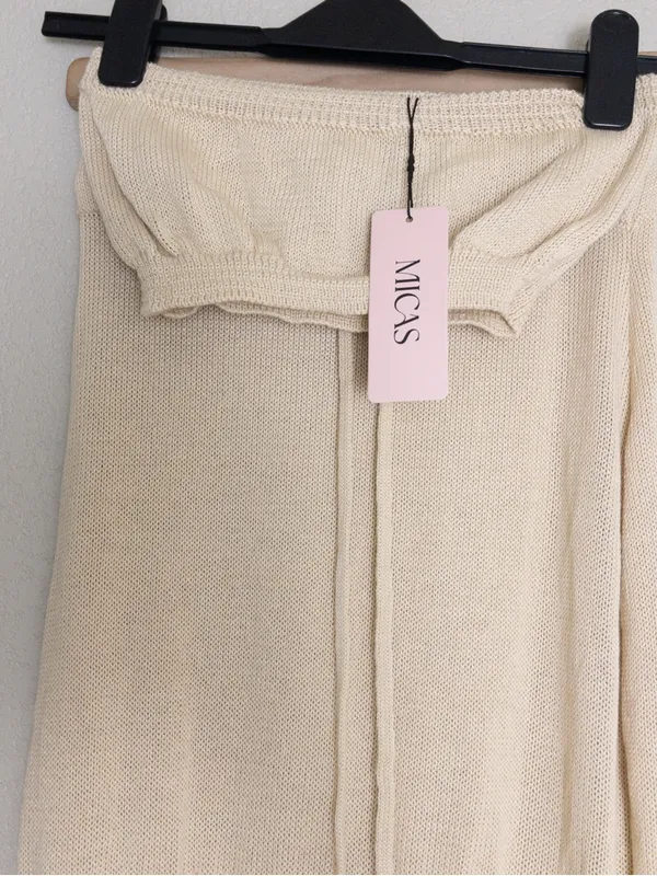 NWT [SET] Micas Knit Fringe Maxi Skirt M Beige Tassel Sheer Slit Bandeau Top - Image 9