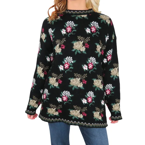 Dana Scott 1980s Vintage Sweater Black Floral Grandmacore Knit Large Retro - Image 2