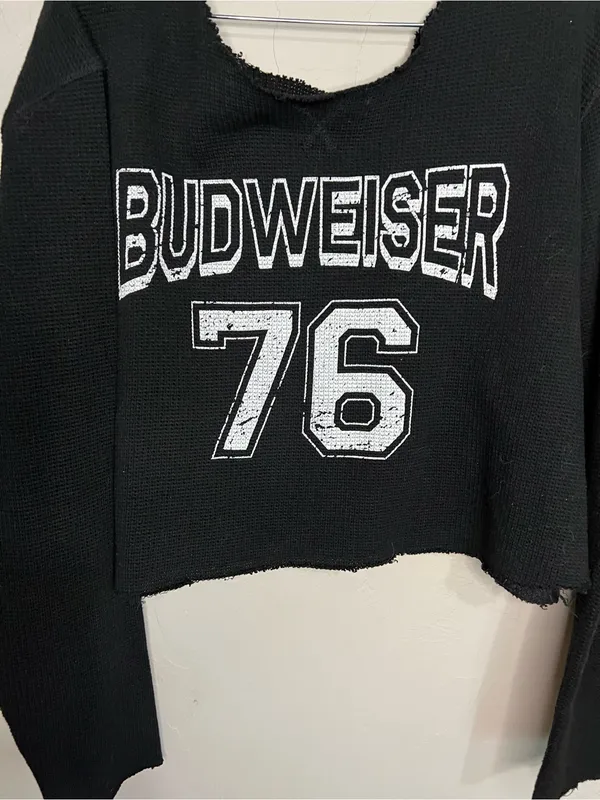 Budweiser‎ 76 Black Raw Hem Off Shoulder Oversized Thermal Graphic Crop Top - Image 3