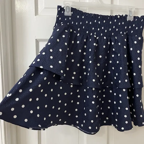 Maison Jules Polka Dot Smocked‎ Tiered Ruffled Skirt Navy Sz S Flirty Coquette - Image 2