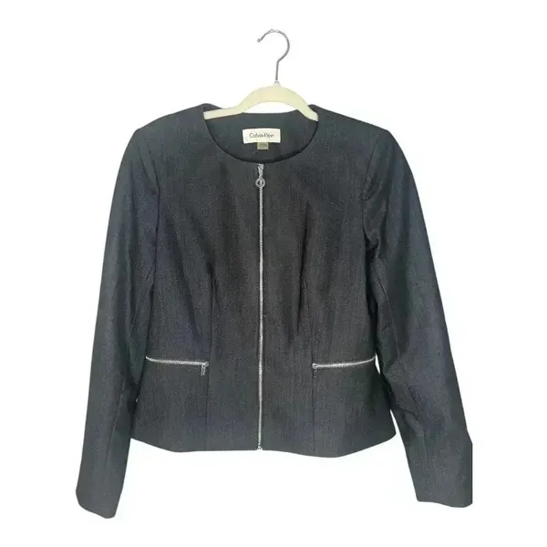 Calvin Klein Womens Denim Blue Peplum Zip Up Blazer,‎ Size 8 - Image 2