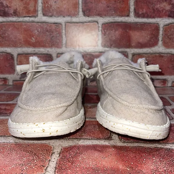 Pre-Owned Hey Dude Wendy Funk Wool Beige Canva Slip On Faux Fur Shoe Size 9 Casu - Image 3