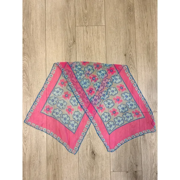 Vintage Style Pink Blue Floral Sheer Chiffon Rectangle Scarf Retro Botanical - Image 2