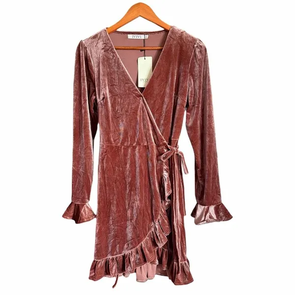 IVIVI Velvet Wrap Mini Dress Women S Dusty Rose Pink Ruffle Long Sleeve NWT - Image 2