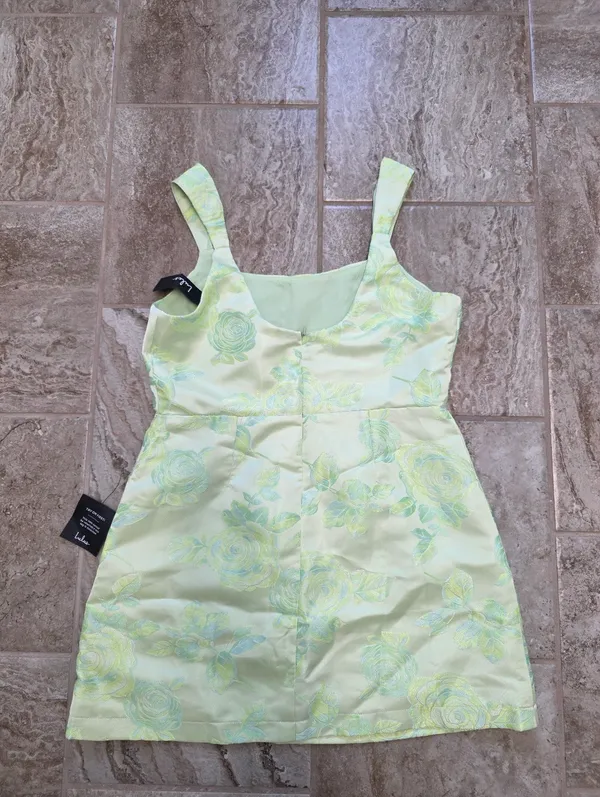 Lulus Brighter Side Mint Green Floral Satin Jacquard Mini Dress Size XL NY Jets - Image 4
