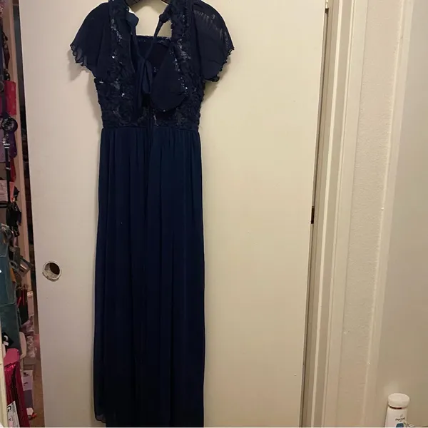 Emerald Sundae Womens Formal Maxi Dress S 32” Navy Blue Lace Sequin Top Pleated - Image 11