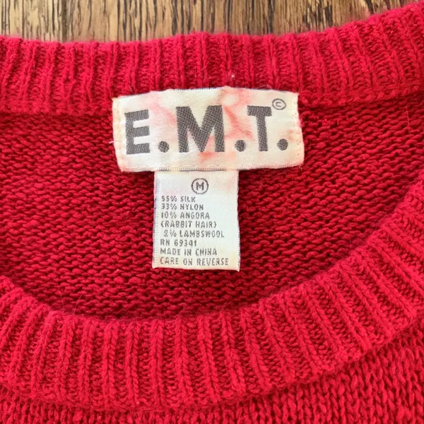 90s EMT Red Silk Angora Wool Beaded Christmas Ornament Sweater Womens M sequins - Image 2