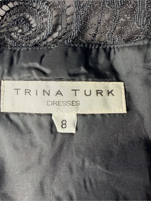 Trina Turk Black Lace Fit Flare Dress Size 8 Cocktail Party Cap Sleeves - Image 6