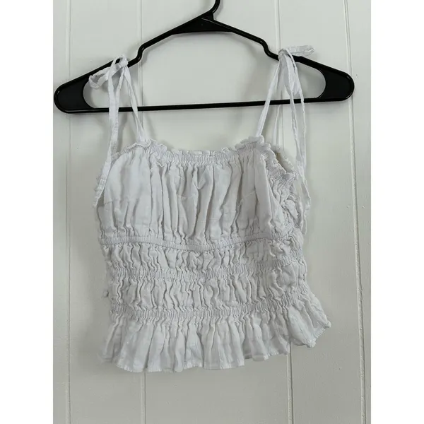 Kittenish Smocked Ruffle Crop Top White XS Tie Shoulder‎ - Image 4