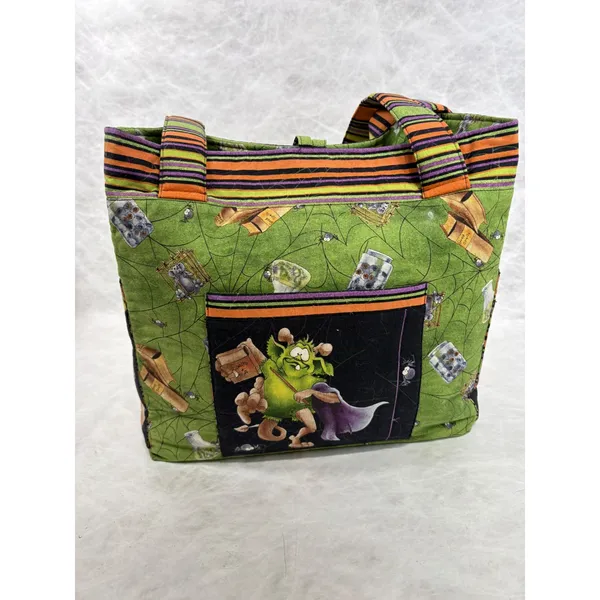 Vintage Handmade Halloween Goblin Wizard Tote Bag Green Orange Striped Spooky - Image 3