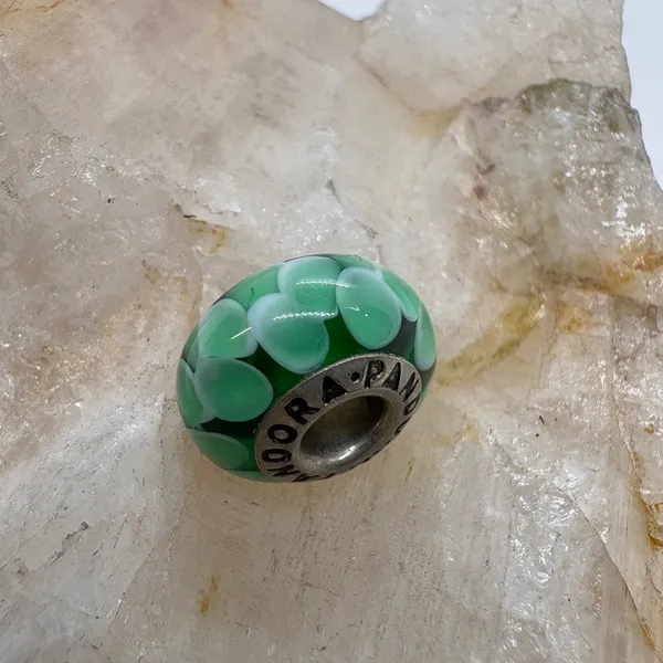Pandora ALE Green Murano Glass White Hearts Charm Sterling Silver 925 Bead - Image 6