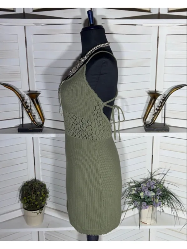 Y2K mini dress sage green crocheted cotton boho fairy backless festival grunge L - Image 4