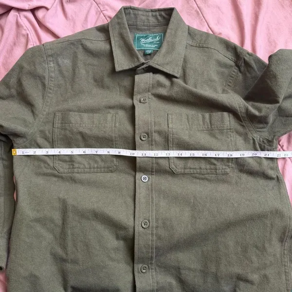 Woolrich Green Label Chamois Shirt Shacket Army Military Green Button Down Vietnam Thick Heavy Duty Men M Measurement in pics - Image 4