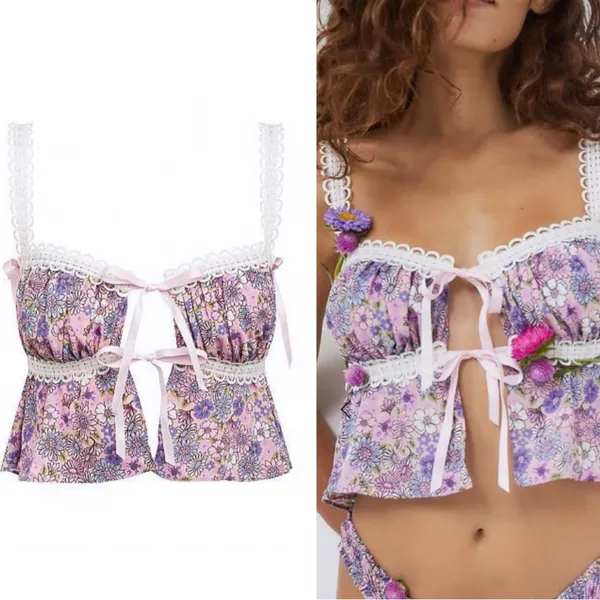 FOR LOVE & LEMONS Willow Multi Floral Bow Tie Ribbon Bow Coquette Top Purple XL - Image 2