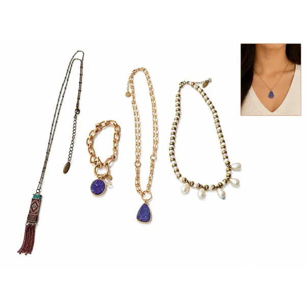 4pc Plunder Mixed Jewelry Lot Blue Stone Pendant Necklace Charm Bracelet Pearl - Image 2