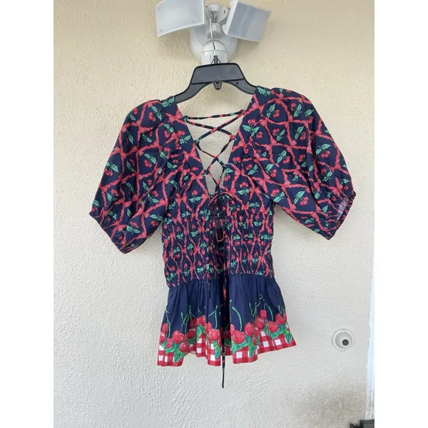 Damson Madder Allegra Cherry Pie Smocked Peplum Top UK 14 US 10 Puff Sleeve Tea - Image 7