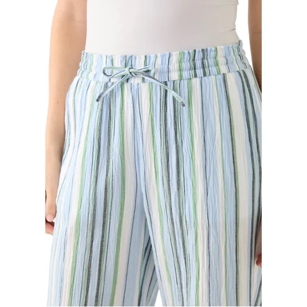 Wonderly Womens Cotton High Rise Tie Waist Ankle Pants Blue Green Striped XL - Image 3