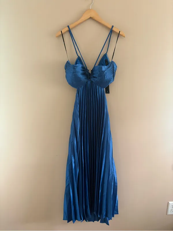 Lulus Aerin Blue Satin Pleated Cutout Midi Dress Size Medium Sleeveless Cocktail - Image 5