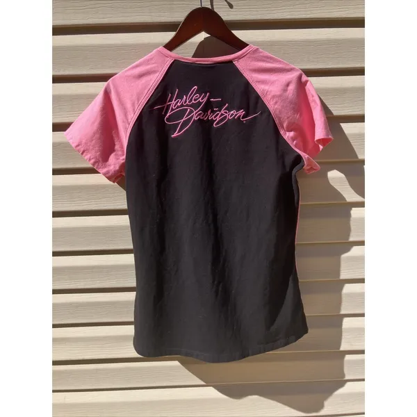 Harley Davidson Women's‎ Black Pink Stitching V Neck Short Sleeve Shirt Large - Image 2