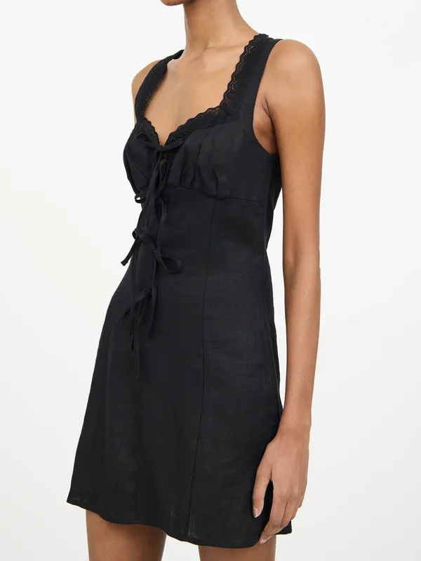 Reformation Reia Linen Dress Lace Sweetheart Bow Tie - Image 5