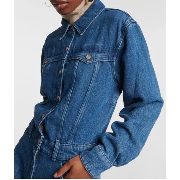 7 For All Mankind‎ Western Denim Jumpsuit Long Sleeve Wide Leg Dolly Blue Medium - Image 2