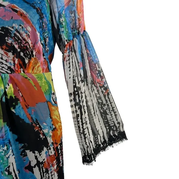Vintage Oleg Cassini 80s 90s Abstract Boho Sheer Bell Sleeve Midi Dress Sz 6 - Image 6