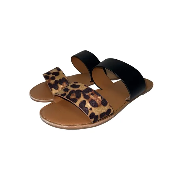 Lulus Time To Chill Black & Leopard Sandals Double Strap Slip On - Image 2