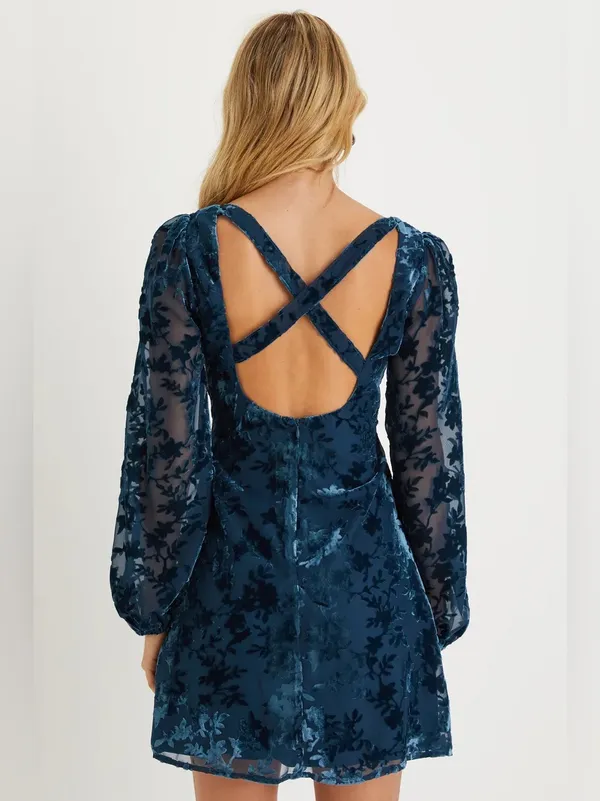 Lulus Stunning Stance Teal Blue Velvet Floral Long Sleeve Mini Dress Medium - Image 3